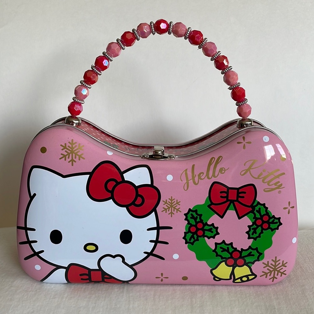Hello Kitty holiday tin - lunch box - make up case - purse with beaded handle